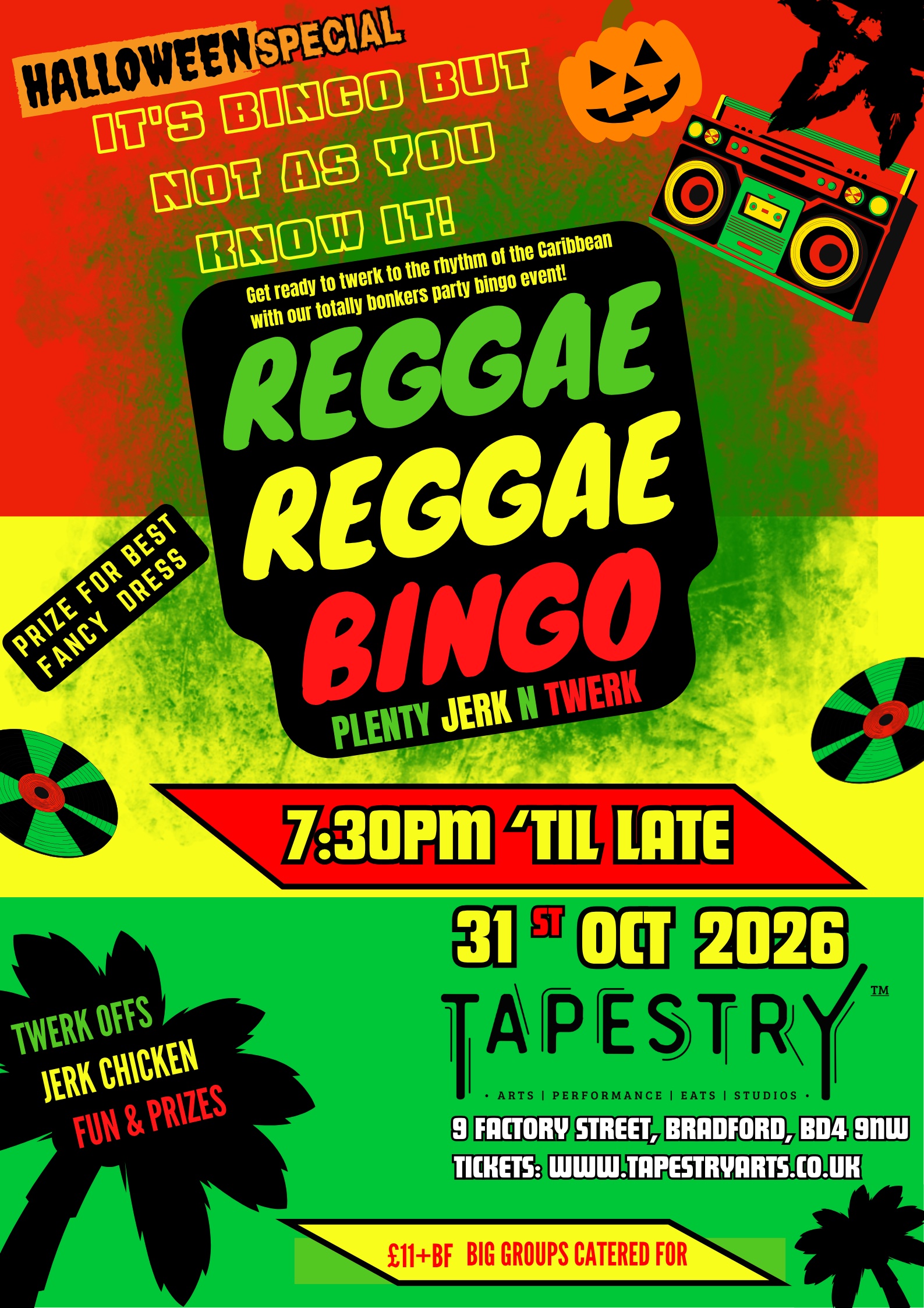 Reggae Reggae Bingo. Bradford, Tapestry, night out girls ladies, Brighouse civic Huddersfield, Leeds Mecca Halifax Halloween