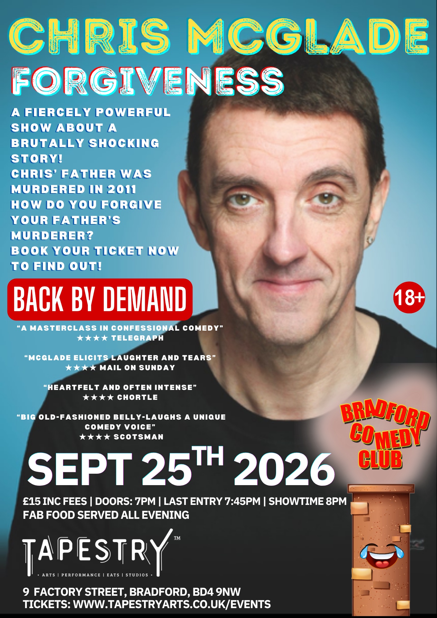 Chris McGlade Bradford Comedy Club Live comedian stand up, Leeds, Wakefield, Huddersfield, Brighouse Civic Hall, Halifax, events, live