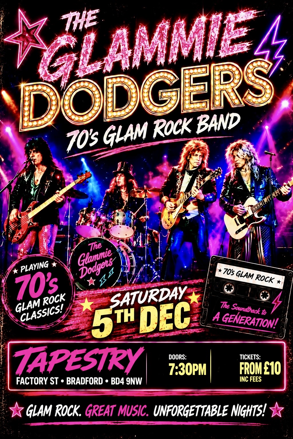 70's glam rock tribute show band bradford live huddersfield Halifax Leeds, brighouse civic hall